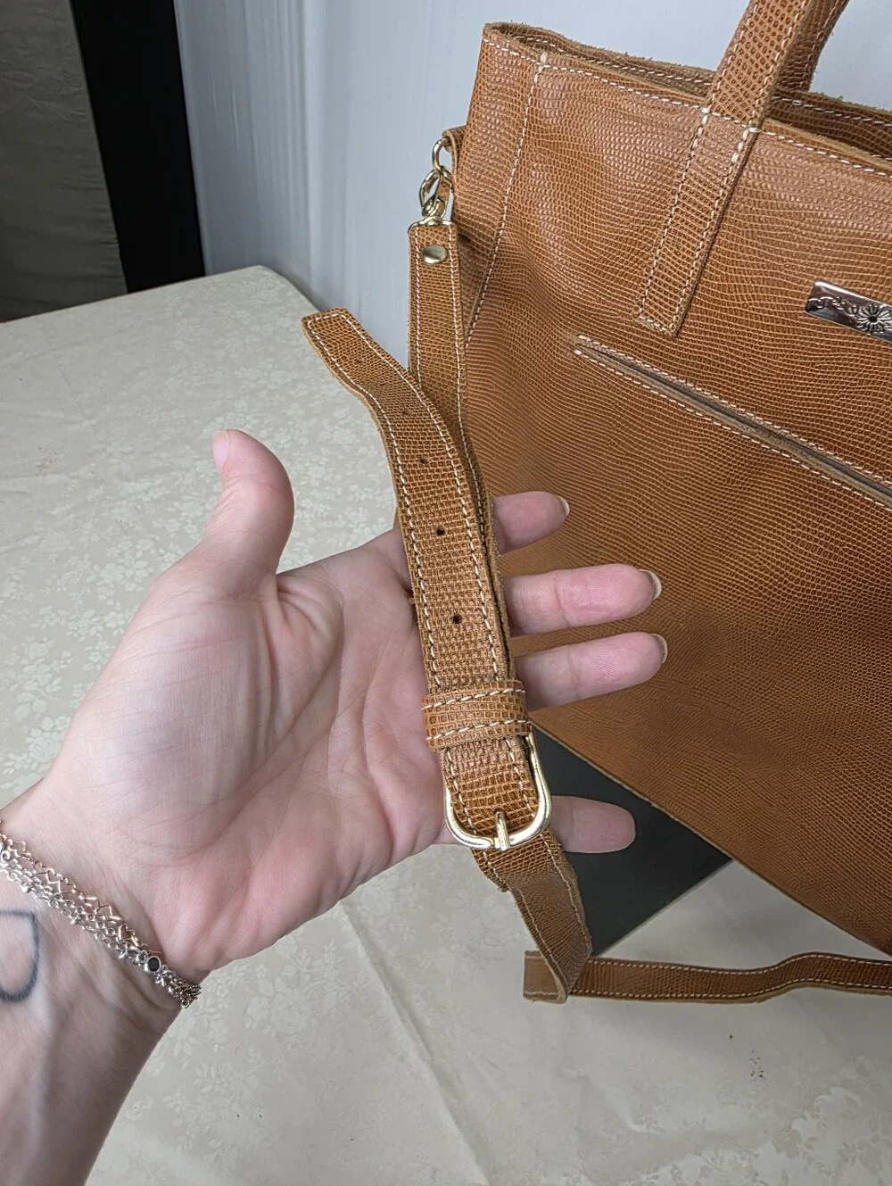 Planner Perfect Brown Lizard Embossed Leather Convertible Tote Crossbody Bag